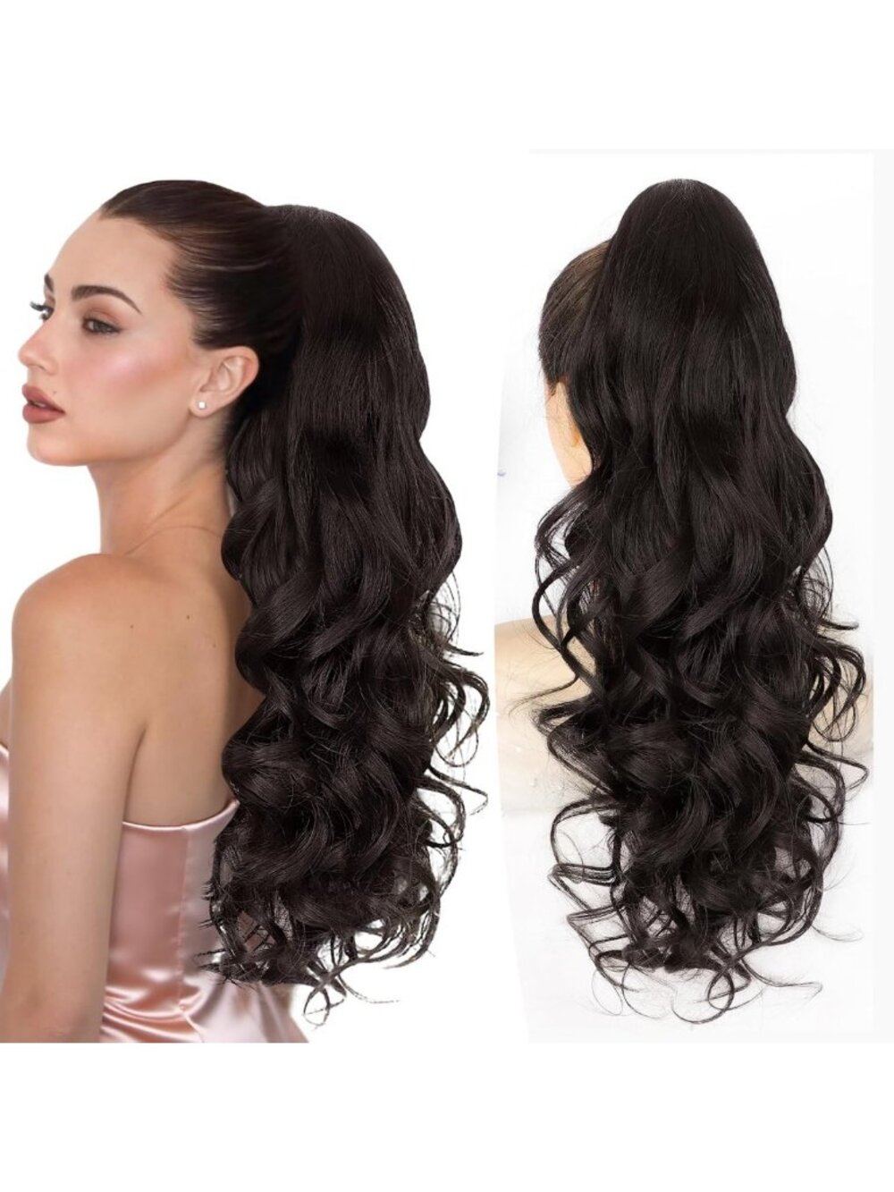 24" Curly Wavy Ponytail Extension - Claw Clip Hairpiece for Women, Black/Brown